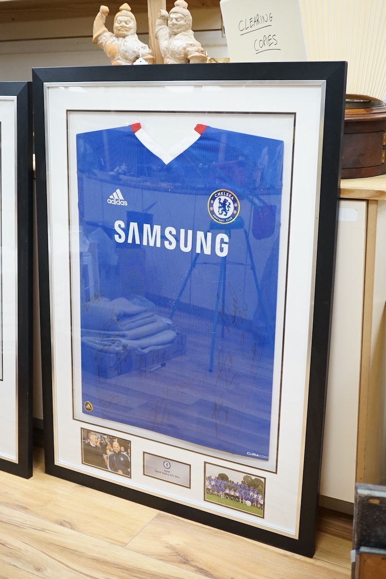 Three signed football shirts, to include England World Cup 2006 and Didier Drogba signed replica CFC shirt, framed. Condition - good